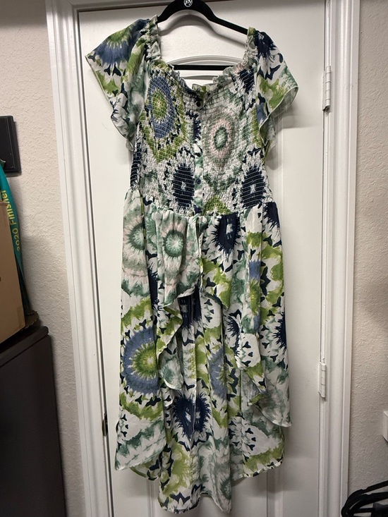 Truly 4 You Tops - Boho Smocked Tie Dye Peplum Top 1X Green Blue Flutter Sleeve Flowy